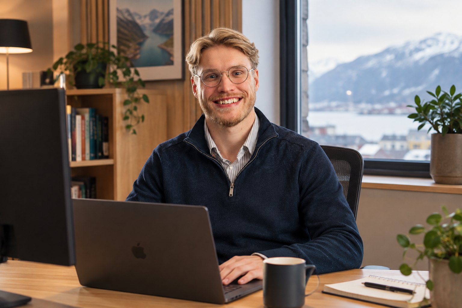 Niklas Christensen ved skrivebordet, med bærbar PC og utsikt over fjorden